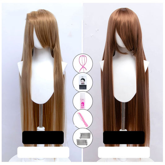 Wig Long Straight Black And White Gold Blue Long Hair