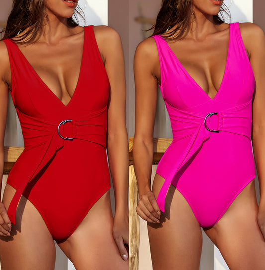 Neon Pink One Piece Swimsuit Belt Big Ring Swimwear Women V Neck Bathing