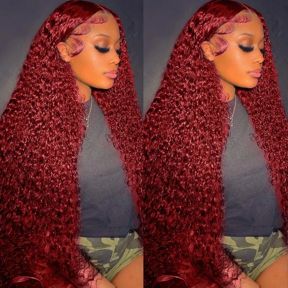 13x6 99J Red Lace Front Human Hair Wigs Colored Deep Wave Burgundy 13x4 Transparent Lace Frontal Wig Glueless Red Wig For Women