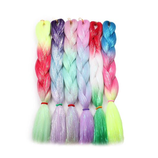 24inch Synthetic Braiding Hair Mix Tinsel Glitter Pink Red Green Synthetic Hair Extensions Jumbo Braids 1pc