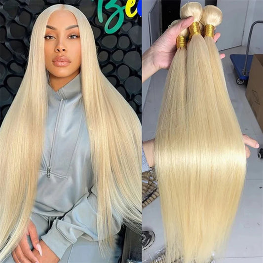 613 Blonde Straight Hair Bundles Brazilian Remy Human Hair Extensions Honey Blonde Human Hair Weave 1 /3 / 4 Bundles 8- 40 Inch