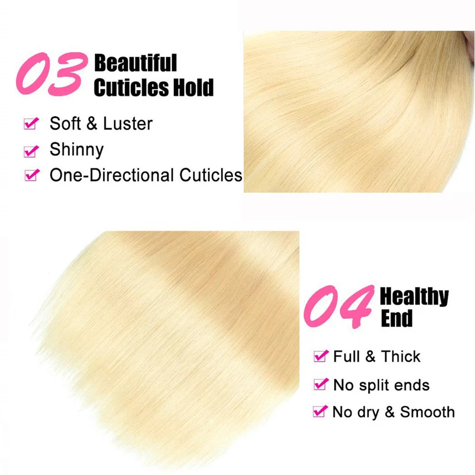 613 Blonde Straight Hair Bundles Brazilian Remy Human Hair Extensions Honey Blonde Human Hair Weave 1 /3 / 4 Bundles 8- 40 Inch