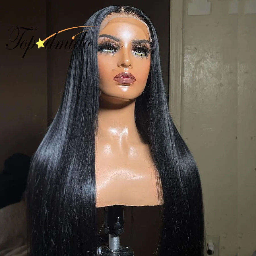 TOPODMIDO 26 inches 13x6x1 Lace Front Wig with Baby Hair Natural Black Color Brazilian Hair T Part Transparent Lace Glueles Wigs