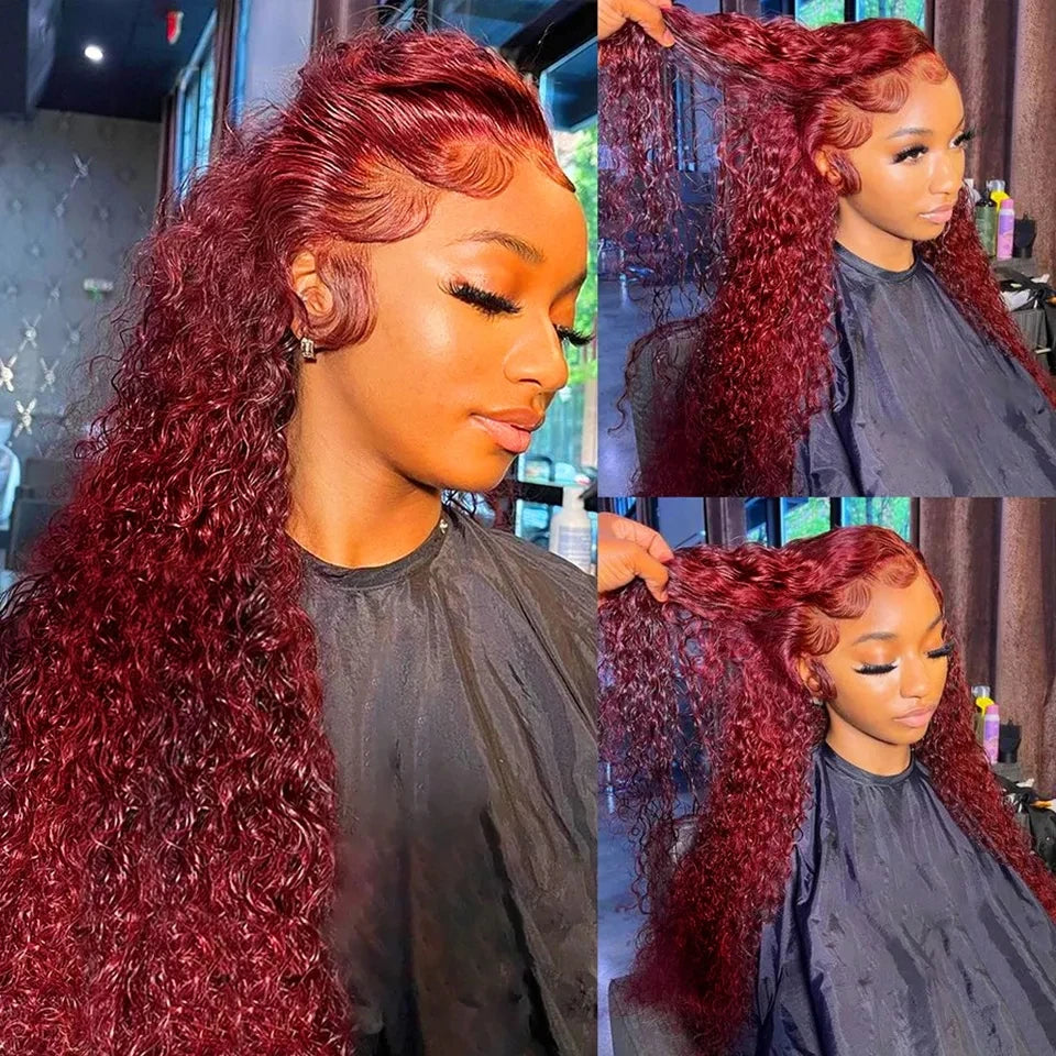 13x6 99J Red Lace Front Human Hair Wigs Colored Deep Wave Burgundy 13x4 Transparent Lace Frontal Wig Glueless Red Wig For Women