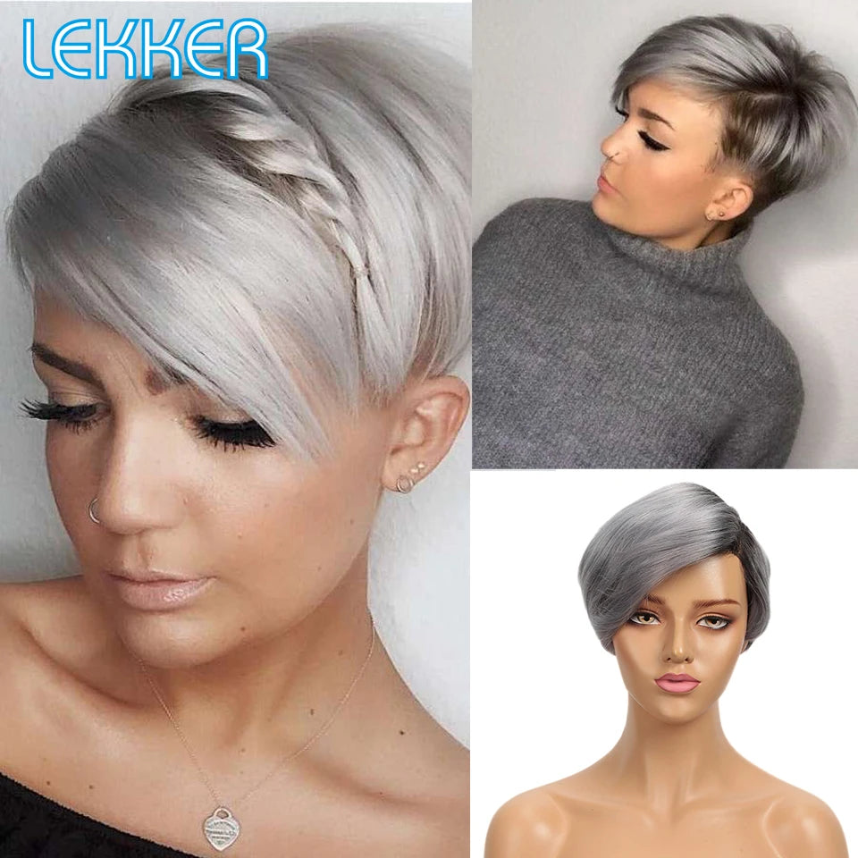 Lekker Pixie Lace Part Human Hair Short Straight Bob Wig With Bangs For Women Brazilian Remy Natural Glueles Ombre Pink Grey Wig