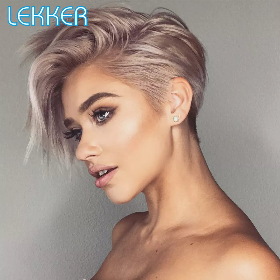 Lekker Pixie Lace Part Human Hair Short Straight Bob Wig With Bangs For Women Brazilian Remy Natural Glueles Ombre Pink Grey Wig