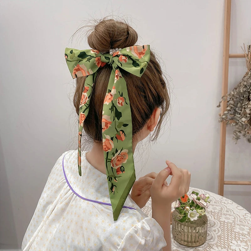 Satin Ribbon Vintage Print Hair Bands Square Scarf Women Fashion Designer Headband French Elegant Headwear Hair Accessories