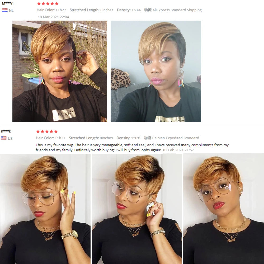 Short Pixie Cut Wig Cheap Human Hair Wigs Straight Bob Wigs With Bangs Full Machine Human Hair Wig for Black Women Black & Ombre