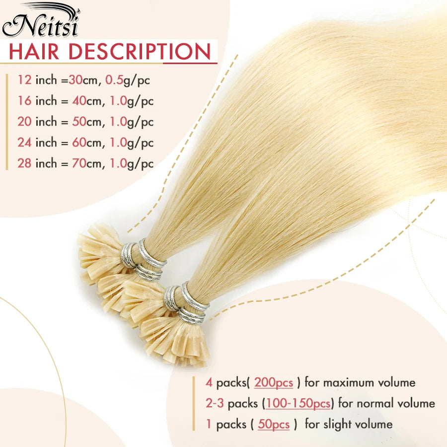 Neitsi Straight Keratin Capsules Human Fusion Hair Nail U Tip Machine Remy Pre-Bond Natural Hair Extensions 28" 70cm 1g/s 50g