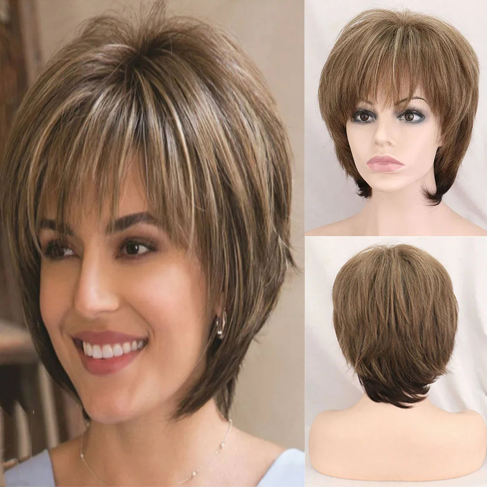 WHIMSICAL W Synthetic Women Mixed Blonde Brown Short Wigs Natural Hair Wigs Heat Resistant Hair Wig for Women