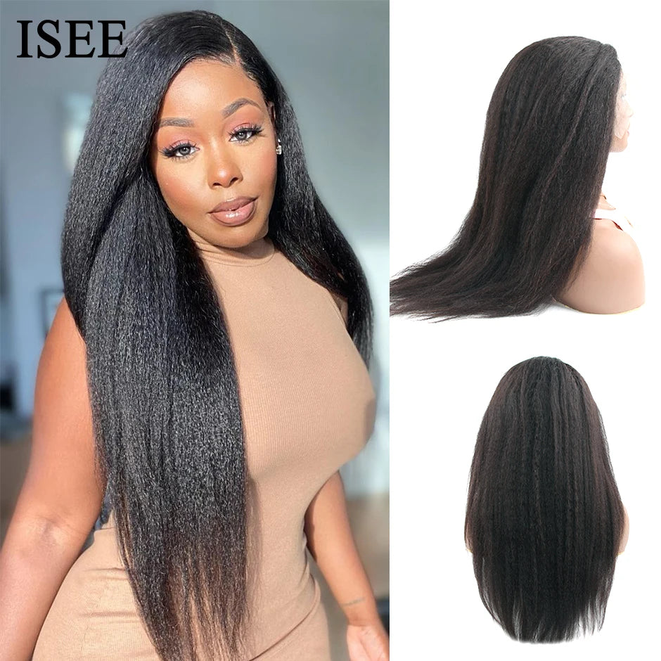 ISEE HAIR Wig Mongolian Yaki Straight 13X4 Lace Front Wig for Black Women Kinky Straight Human Hair Wigs HD Lace Frontal Wigs