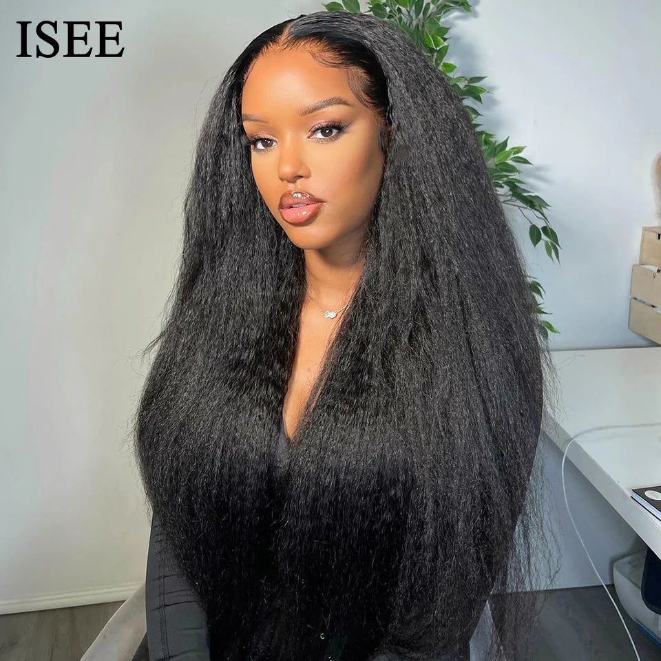 ISEE HAIR Wig Mongolian Yaki Straight 13X4 Lace Front Wig for Black Women Kinky Straight Human Hair Wigs HD Lace Frontal Wigs