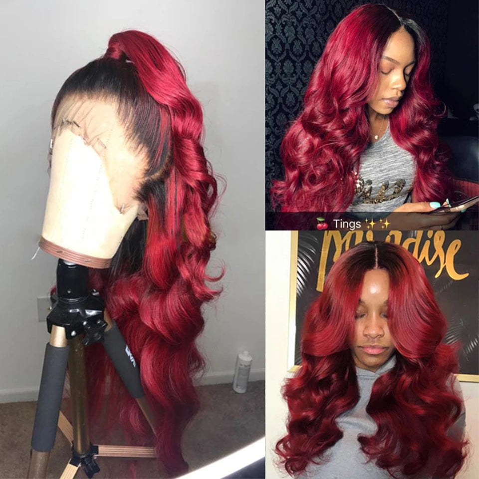 1B 99J/Burgundy 13x4 Body Wave Lace Front Human Hair Wigs For Women HD Transparent Lace Frontal Wig Colored Red Human Hair Wig