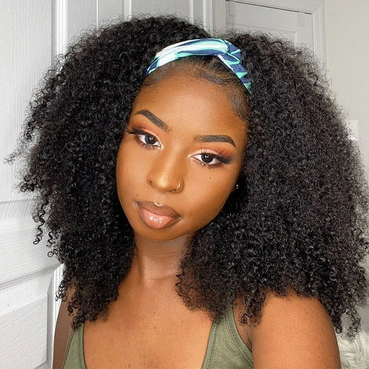 Afro Kinky Curly Wig Silk Headband Wig Human Hair for Women 180% Glueless Wigmy Curly Human Hair Wig Brazilian Hair Half Wig