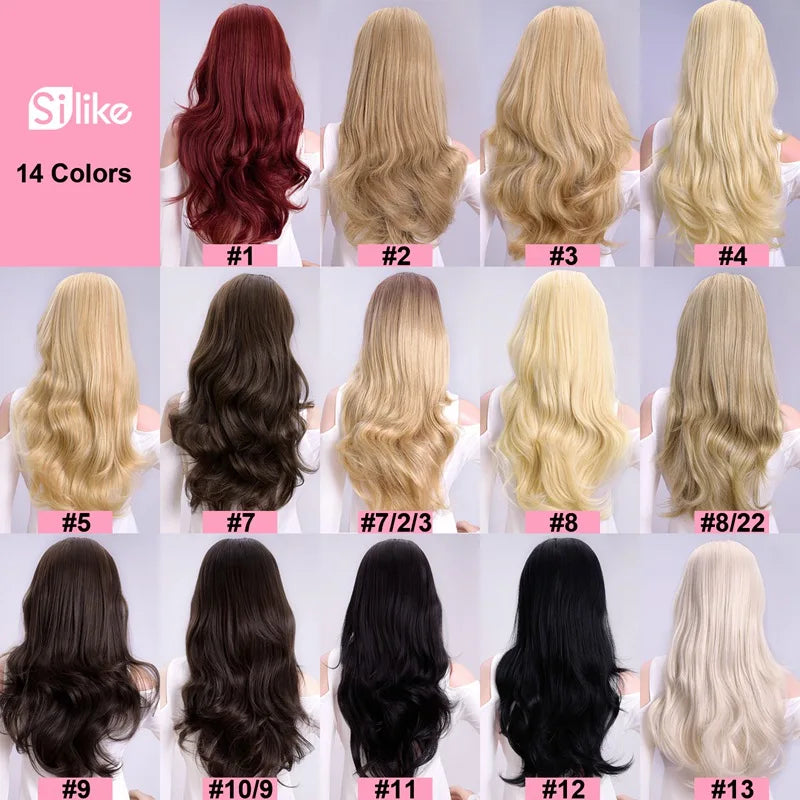 Silike 24Inch Synthetic Wavy 3/4 Half Wig Long Hair Extensions Ombre Blonde Capless Wigs Hair Clips Extension For Women 210g