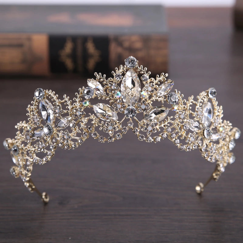 New Fashion Baroque Luxury Crystal AB Bridal Crown Tiara Light Gold Color Diadem Tiaras for Women Bride Wedding Hair Accessories