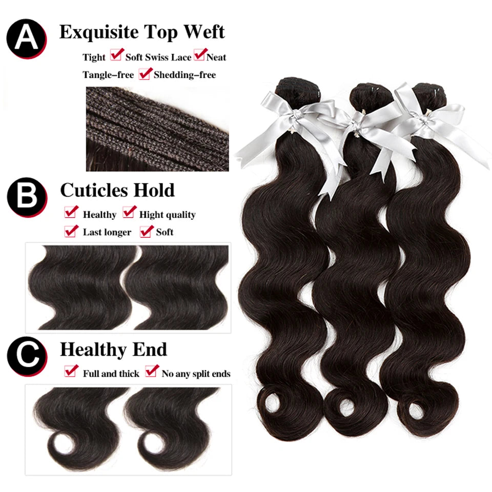 Sleek Brazilian Body Wave Hair Bundles Remy 8 to 36 Inches 100% Natural Black Human Hair Extensions For Black Women