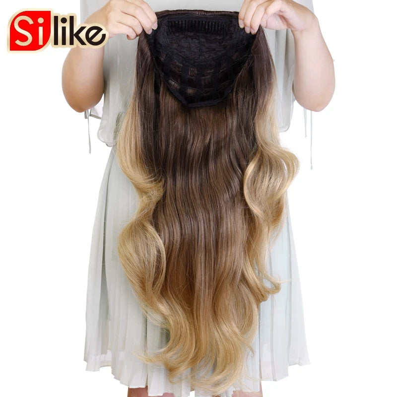 Silike 24Inch Synthetic Wavy 3/4 Half Wig Long Hair Extensions Ombre Blonde Capless Wigs Hair Clips Extension For Women 210g