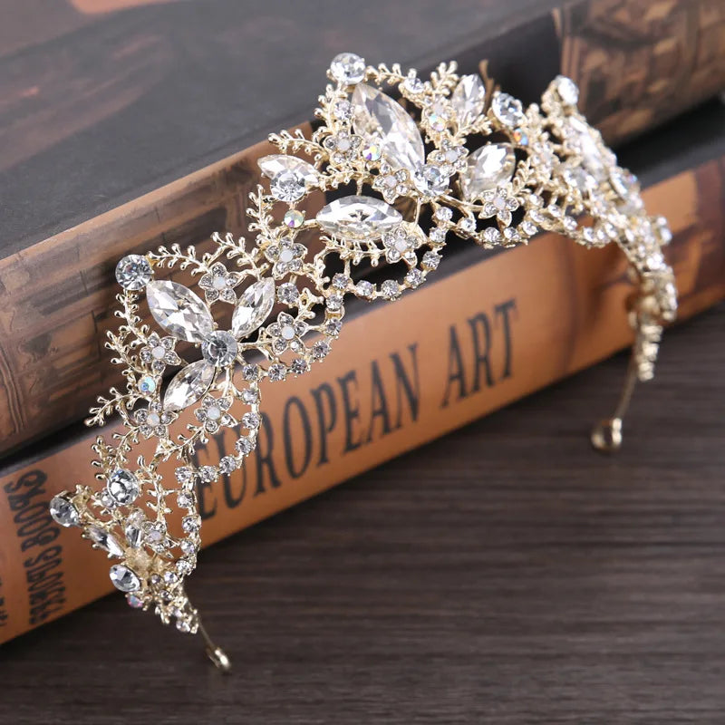 New Fashion Baroque Luxury Crystal AB Bridal Crown Tiara Light Gold Color Diadem Tiaras for Women Bride Wedding Hair Accessories