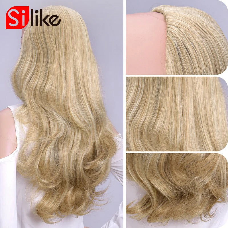 Silike 24Inch Synthetic Wavy 3/4 Half Wig Long Hair Extensions Ombre Blonde Capless Wigs Hair Clips Extension For Women 210g