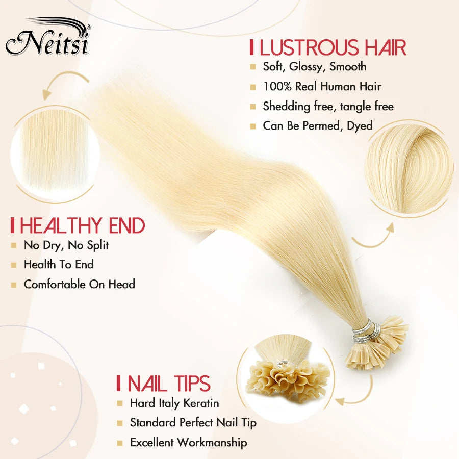 Neitsi Straight Keratin Capsules Human Fusion Hair Nail U Tip Machine Remy Pre-Bond Natural Hair Extensions 28" 70cm 1g/s 50g