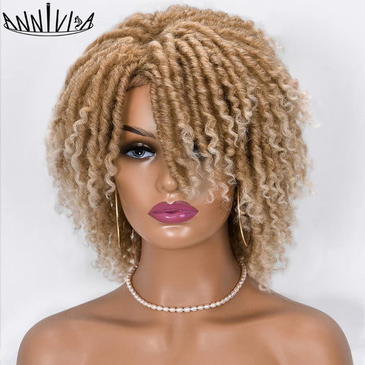 Short Dreadlock Hair Wig Curly Synthetic Soft Faux Locs Wigs With Bangs For Black Women Ombre Crochet Twist Hair Wigs Annivia