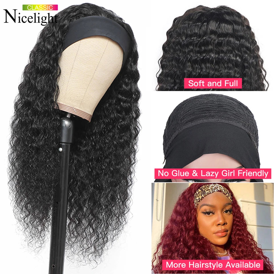 Deep Wave Headband Wigs Human Hair Wig Grip Headband Nicelight Brazilian Curly Headband Wigs Glueless Remy Hair With Headband