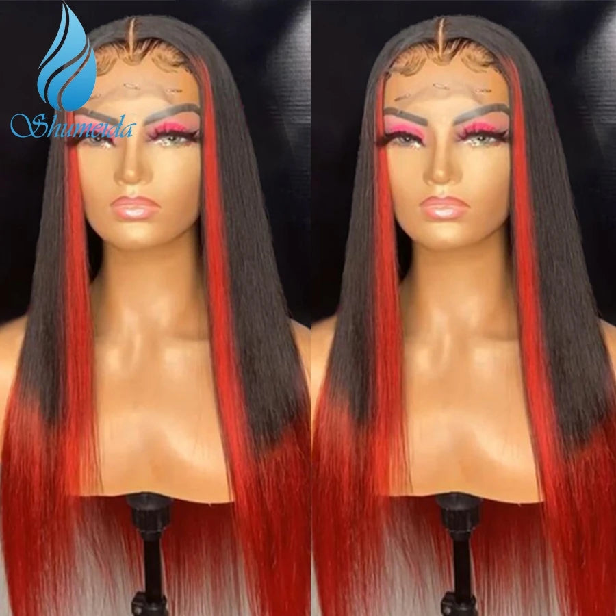 Shumeida Highlight Red Color 13*4 Lace Front Human Hair Wigs Brazilian Remy Human Hair Gluelss Wigs for Women wirh Baby Hair