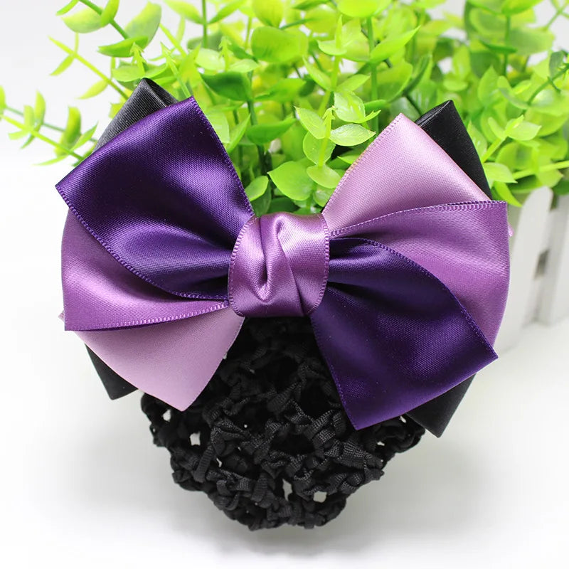 New Arrival Women Handmade Double Bow Barrtte Hair Bun Hair Clips Hair Accessories Cover Snood Net Satin Ribbon Hair Barrette