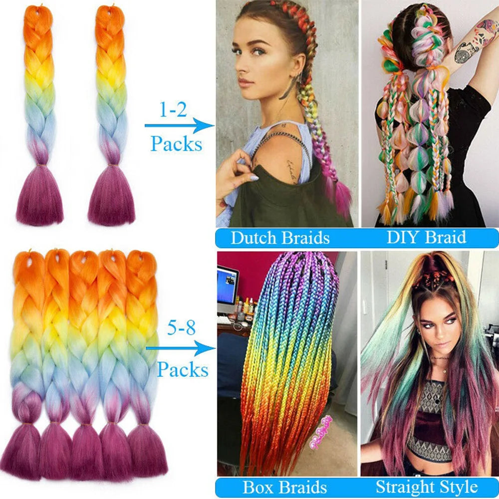 Lihui Synthetic Braiding Hair 24 Inch Jumbo Braid Ombre Jumbo Hair Extension for Women DIY Hair Braids Purple Pink Yellow Red