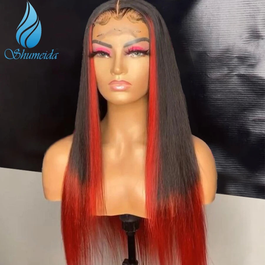 Shumeida Highlight Red Color 13*4 Lace Front Human Hair Wigs Brazilian Remy Human Hair Gluelss Wigs for Women wirh Baby Hair