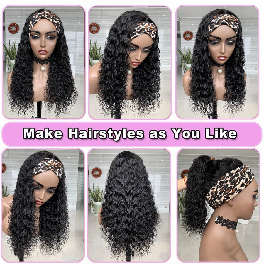 Abijale Deep Wave Headband Wig For Women Human Hair Curly Human Hair Wig Brazilian Loose Deep Wave Wig Women's HeadBand