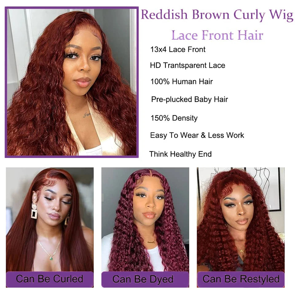 40 inch Reddish Brown Kinky Curly Wig 13x4 hd Lace Frontal Wig Human Hair Dark Brown Copper Red Pre Plucked 13x6 HD Frontal Wigs