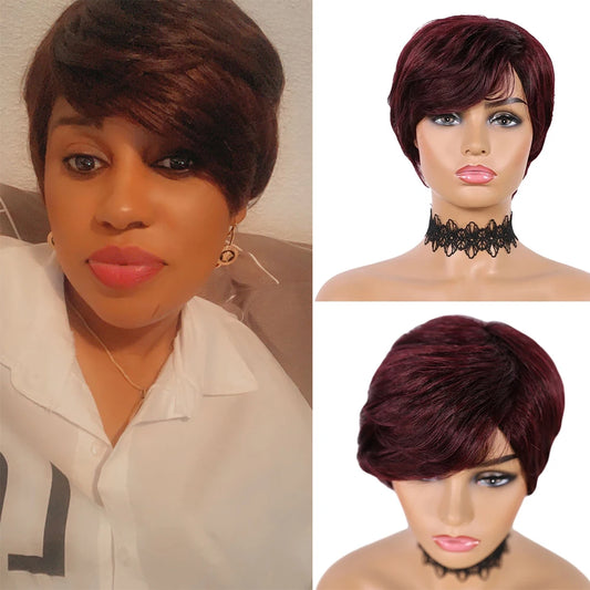 Wear Go Glueles Short Human Hair Wigs Pixie Cut Straight Remy Brazilian Hair for Black Women Machine Made Highlight Color Wig