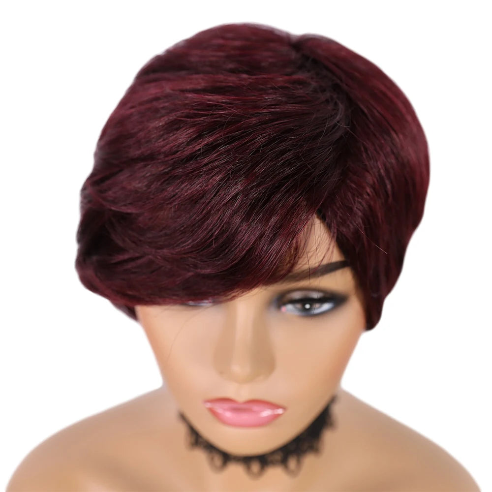 Wear Go Glueles Short Human Hair Wigs Pixie Cut Straight Remy Brazilian Hair for Black Women Machine Made Highlight Color Wig