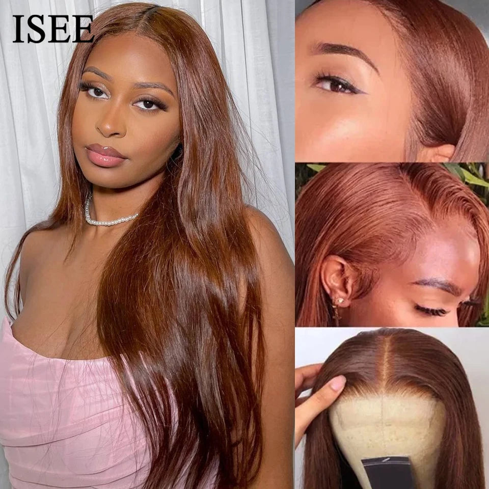 ISEE Hair Colored Wigs Chocolate Brown Lace Front Wig Malaysian Straight Transparent Lace Frontal Wig Human Hair 4x4 Closure Wig