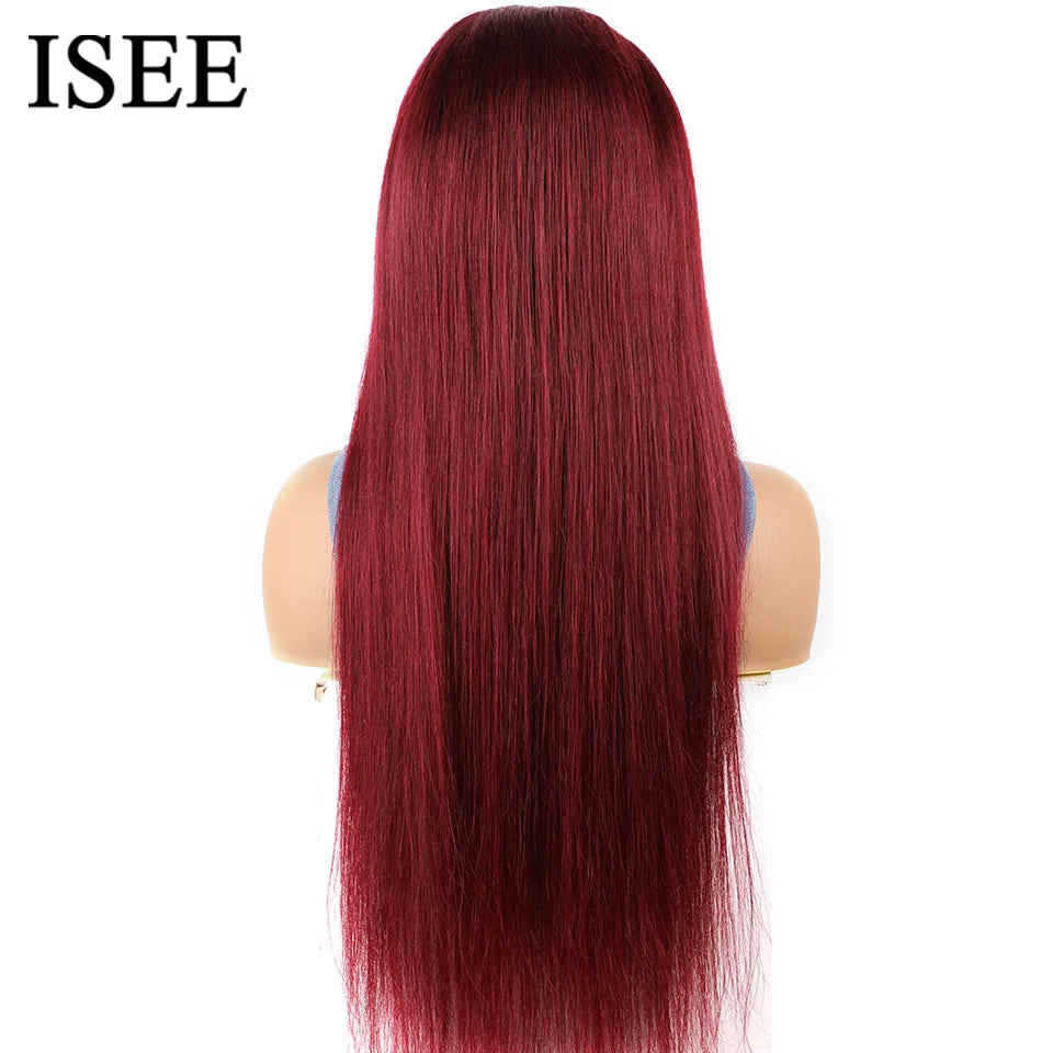 Wear And Go Glueless Human Hair Wig ISEE Peruvian Straight 99j Burgundy 6x4 Lace Glueless Human Hair Wig Ready To Wear Pre Cut