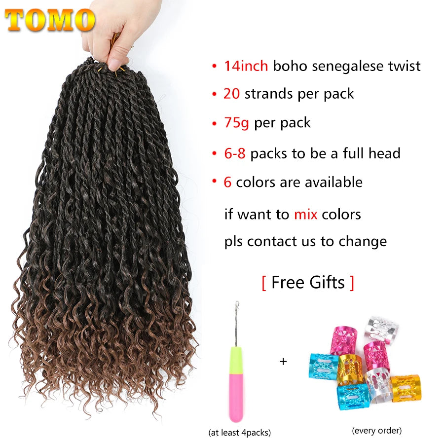 TOMO Boho Crochet Hair 14Inch 20Strands Small Senegalese Twist Crochet Braids Synthetic Braiding Hair Extensions for Women