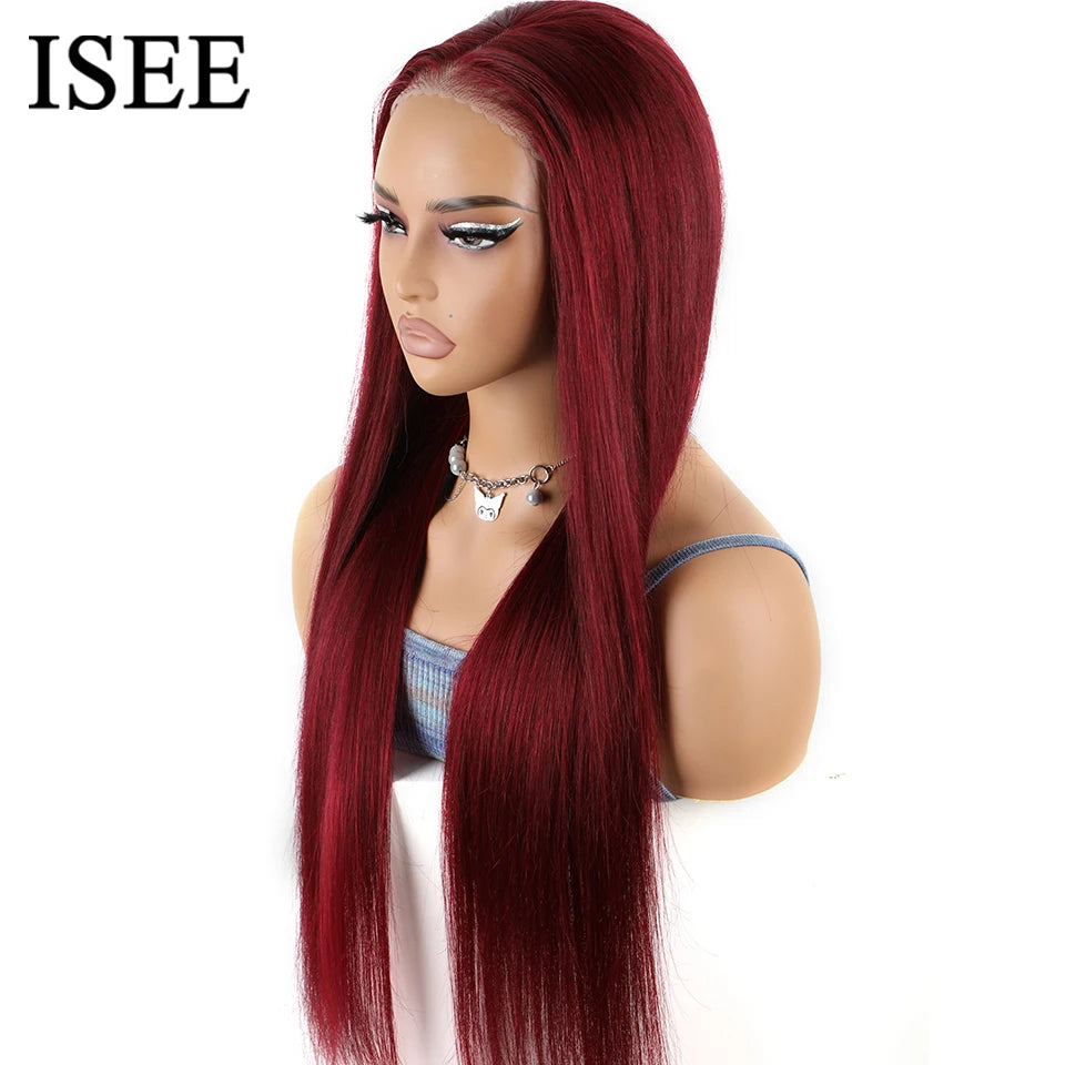 Wear And Go Glueless Human Hair Wig ISEE Peruvian Straight 99j Burgundy 6x4 Lace Glueless Human Hair Wig Ready To Wear Pre Cut