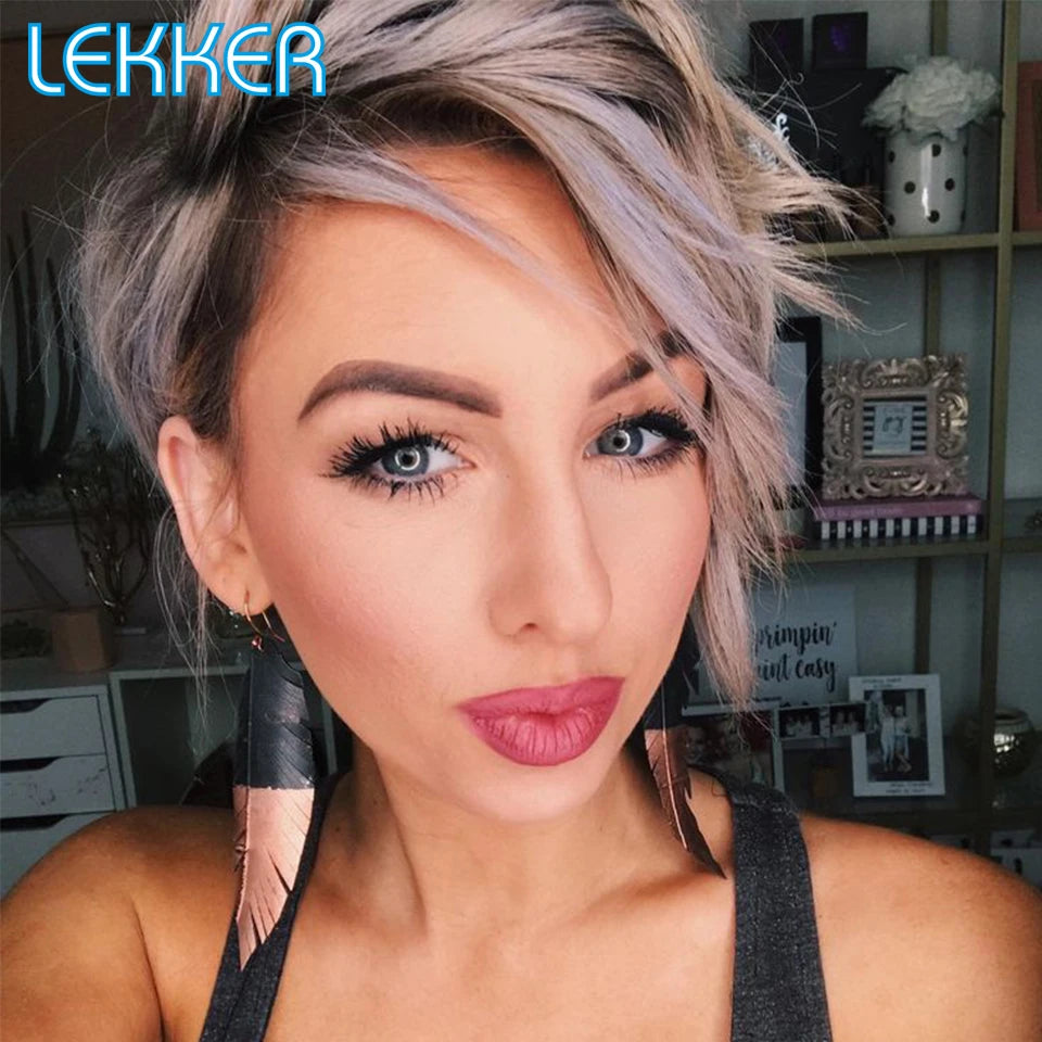 Lekker Pixie Lace Part Human Hair Short Straight Bob Wig With Bangs For Women Brazilian Remy Natural Glueles Ombre Pink Grey Wig