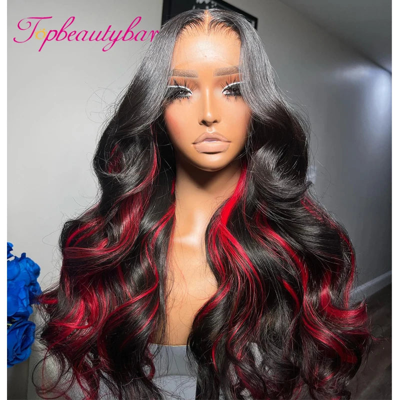 13x4 Body Wave Lace Frontal Wig Transparent Highlight Red Colored Human Hair Lace Frontal Wig 180 Density Brazilian Remy Hair