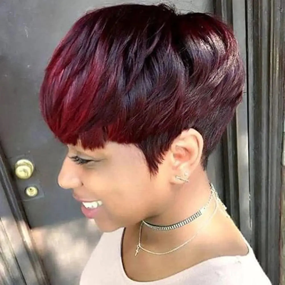 Wear Go Glueles Short Human Hair Wigs Pixie Cut Straight Remy Brazilian Hair for Black Women Machine Made Highlight Color Wig