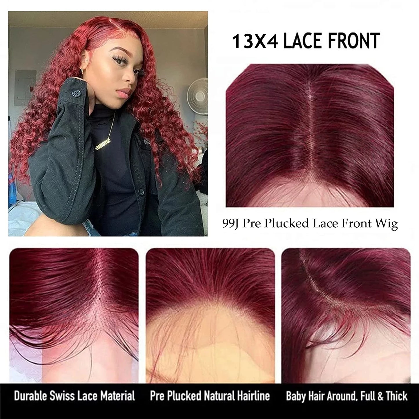 13x6 99J Red Lace Front Human Hair Wigs Colored Deep Wave Burgundy 13x4 Transparent Lace Frontal Wig Glueless Red Wig For Women