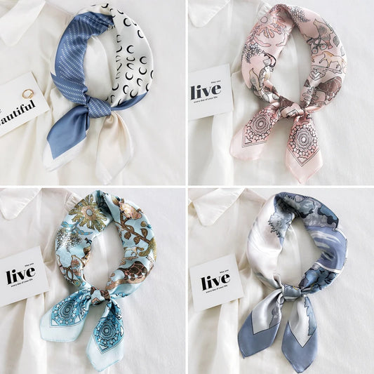 Fashion Summer Square Silk Hair Scarf for Women French Design Print Small Neck Scarfs Female Neckerchief Scarves Headbands