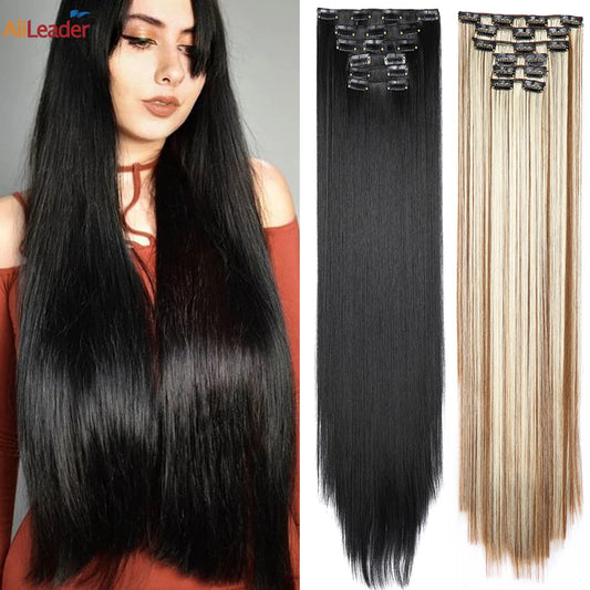 75Cm 30 Inch Full Head Long Straight Clip In Hair Extensions Black Blonde Thick 6Pcs/Set High Temperature Fiber Hairpiece