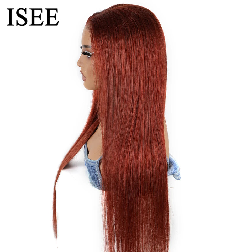 Wear And Go Glueless Human Hair Wig ISEE Malaysian Straight 6x4 Reddish Brown Color #33  Lace Front Glueless Wigs Ready To Wear