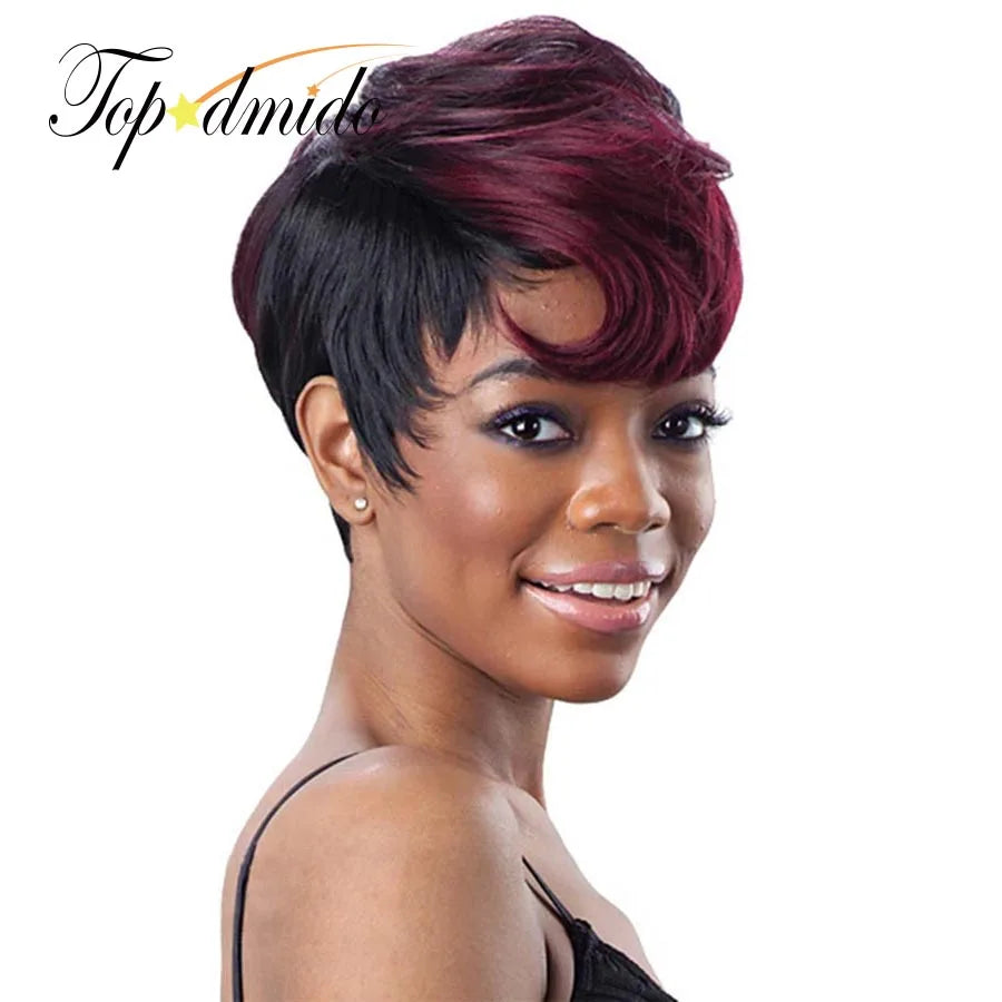 Topodmido 99J Ombre Color  Short Cut  Peruvian Hair Wig with Bangs Glueles Transparent Lace Short Hair Wig Pixie Wig for Woman