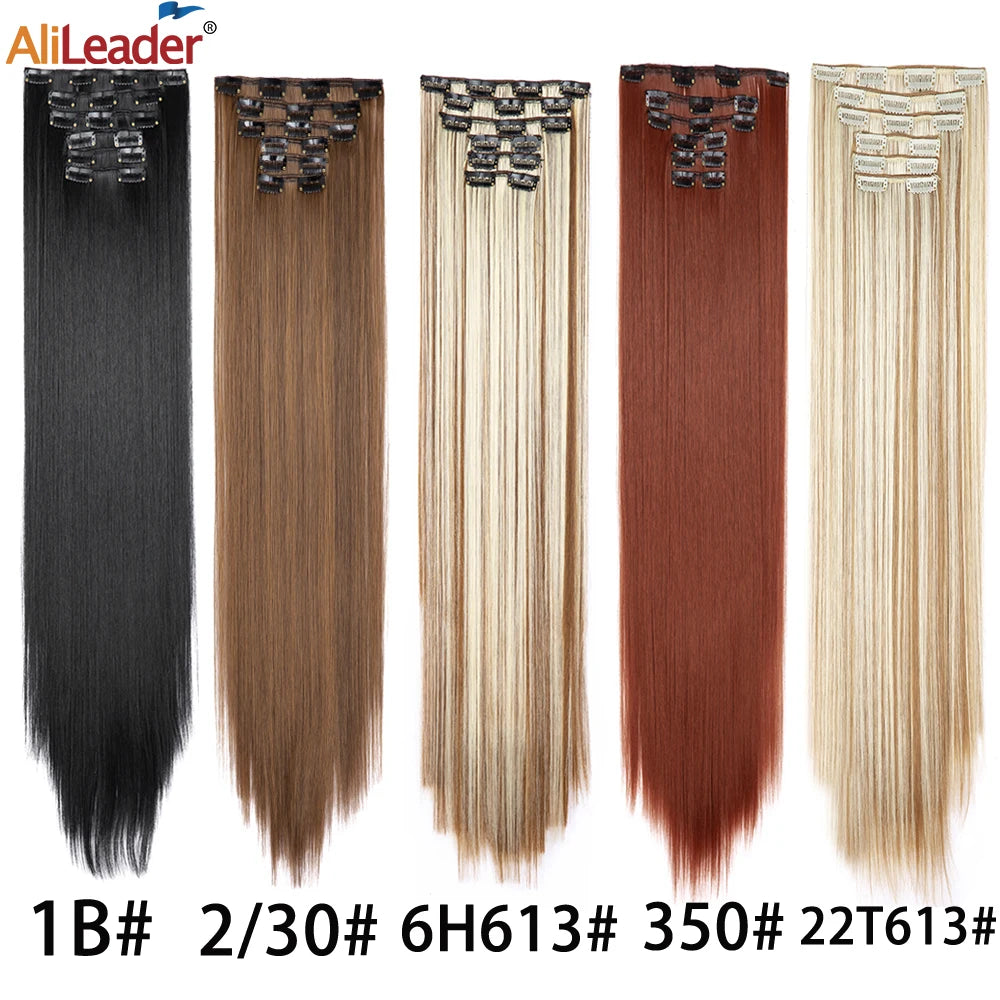 75Cm 30 Inch Full Head Long Straight Clip In Hair Extensions Black Blonde Thick 6Pcs/Set High Temperature Fiber Hairpiece