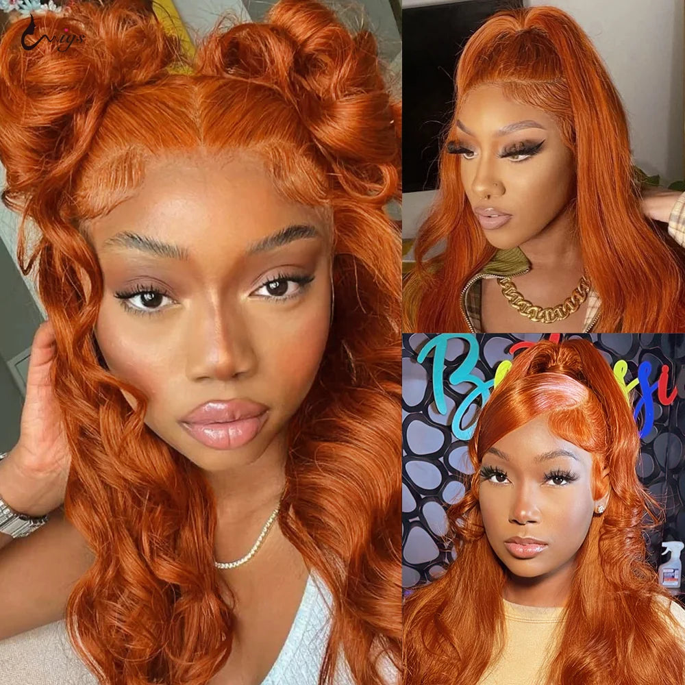 13x6 Lace Front Wig Human Hair Pre-Strung Highlights 13x6 HD Lace Front Wig Ginger Orange Human Hair Body Wave Ombre Wig Glueles