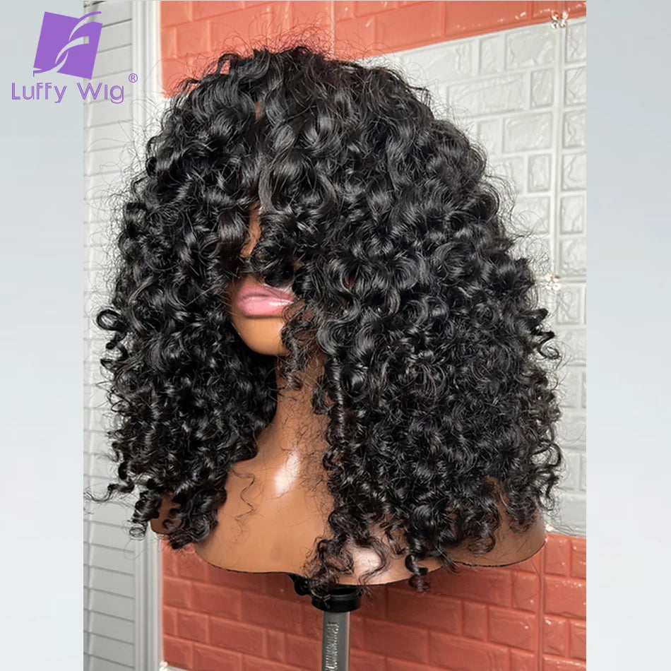 Short Curly Bob Wig With Bangs Brazilian Remy Human Hair Bouncy Curly Bang Wigs Glueles Full 200 Density For Black Women Luffy